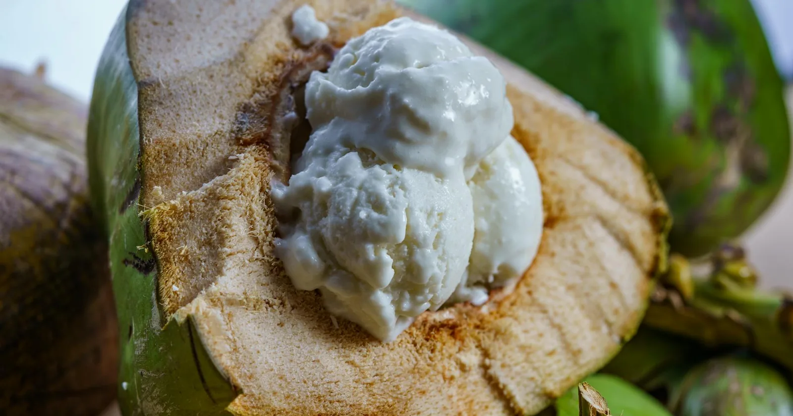 Scoop of creamy coconut-milk ice cream served in a halved coconut shell.