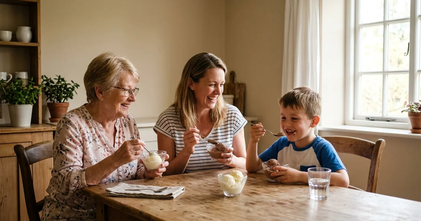 A grandmother, mother and son eating ice cream