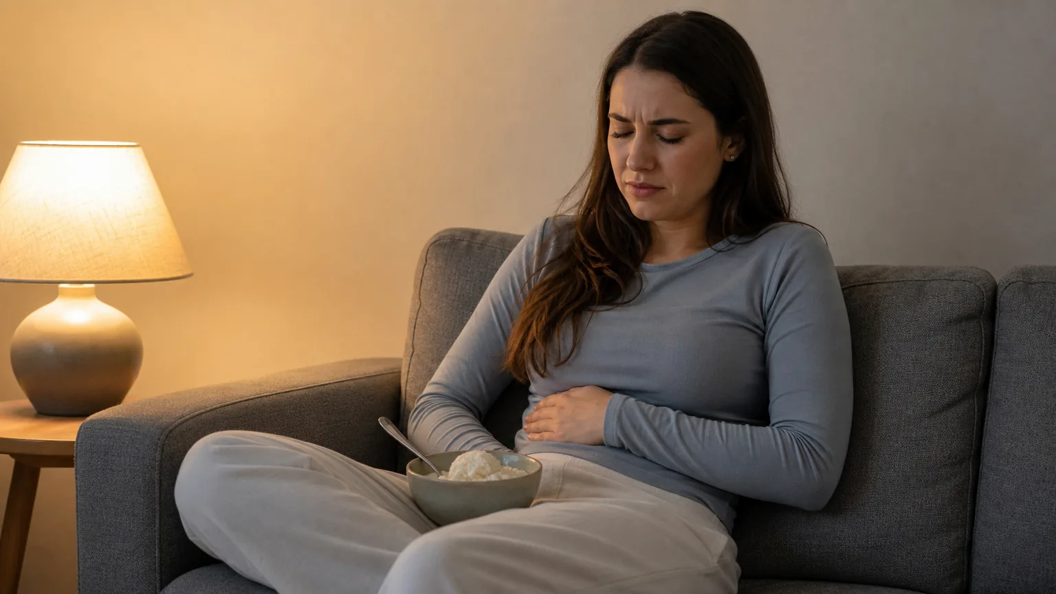Woman holding her stomach beside a bowl of ice cream