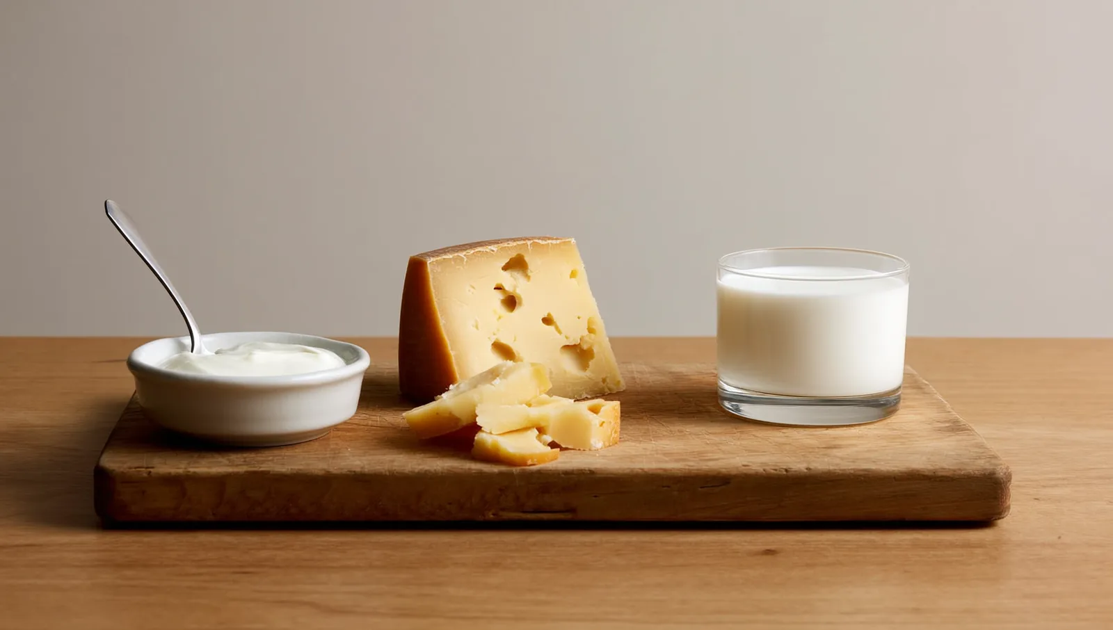 Yogurt, aged cheese and a glass of milk on a board
